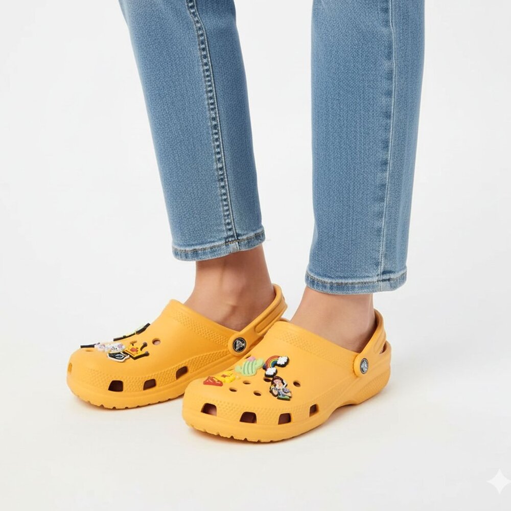 CROCS Clogs & Charms Mustard Yellow Gardening Outdoors Casual Hello Kitty Pooh